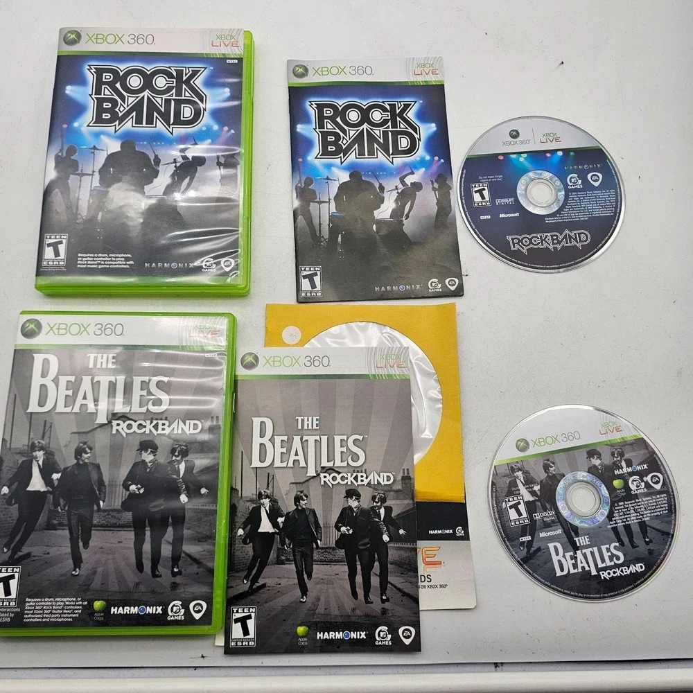 Rock Band & The Beatles Rock Band Xbox 360 Video Game Lot Complete CIB Harmonix
